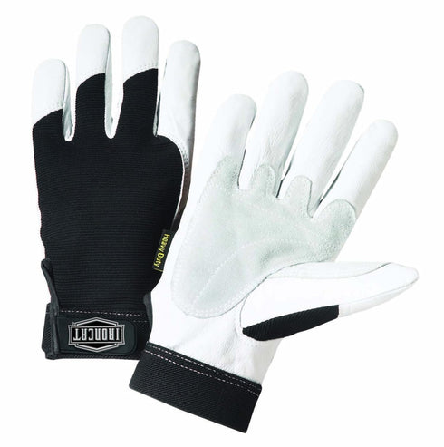 IRONCAT 86550 Heavy-Duty Goatskin Palm Gloves, Large, Reinforced Palm and Thumb, Spandex Back, White