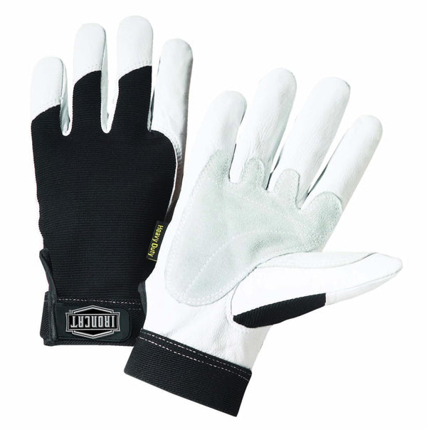 IRONCAT 86550 Heavy-Duty Goatskin Palm Gloves, Large, Reinforced Palm and Thumb, Spandex Back, White