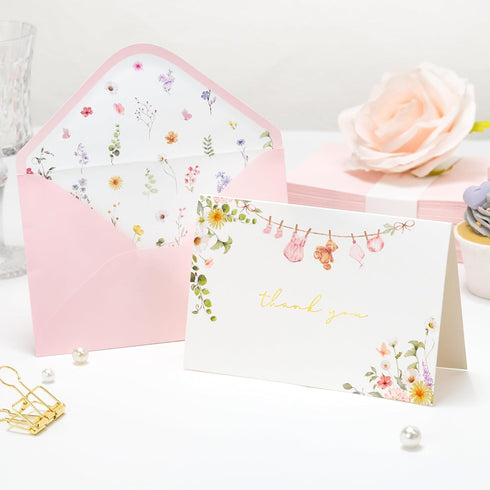 50 Pack Crisky Baby Shower Thank You Cards with Envelopes & Stickers, Pink Gold Baby Thank You Greeting Cards Bulk
