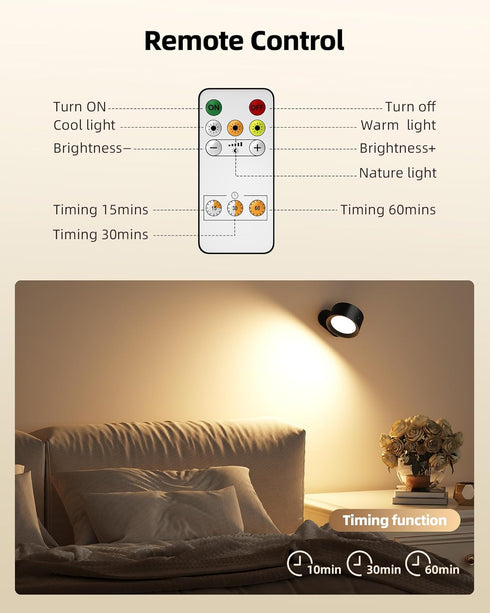 Bedroom,3 Control,360Rotation Dimmable (2 Pack) LED Wall Mounted Lights,Rechargeable Wall Sconces Lamp for Color Temps