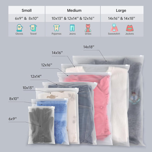 50 Pcs Frosted Zipper Poly Bags for Clothing, 12x16 Inch Plastic Packaging Bags for Small Businesses, Clear Apparel Bag