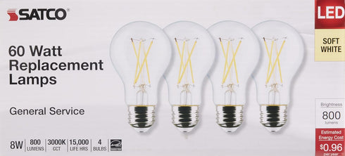 Satco S12463 8 Watt A19 LED Bulb, Clear, 3000K, Medium Base, 120 Volt, 4-Pack by Satco