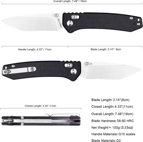 Pocket Folding EDC Knife: 3.14" D2 Steel Sharp Blade, G10 Scales, Crossbar Axis Lock, Reversible Clip, Black, Great