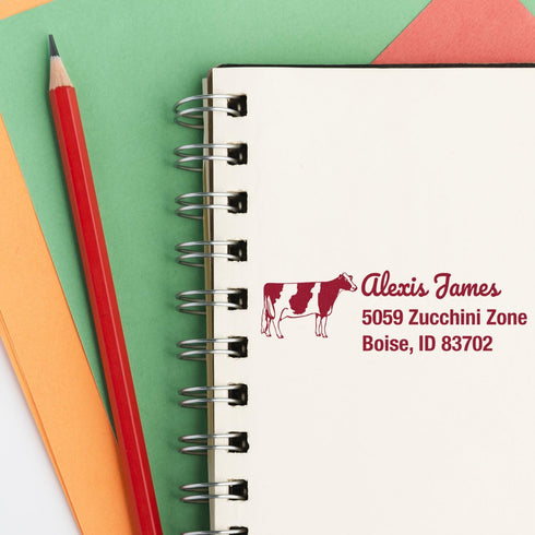 Customized Self-Inking Address Stamper with Endearing Cow Design, Ideal for Cheese Makers, Personalized Return Address