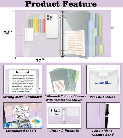 Leather 3 Ring Binder, 2 Inch with Clipboards, 5-Tabs Pockets, 18 Divider Stickers, Purple
