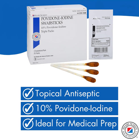 3's, Packed, 10% 25/BX Henry Schein Prep Povidone-Iodine Swabsticks Individually Sterile, Antiseptic for Skin