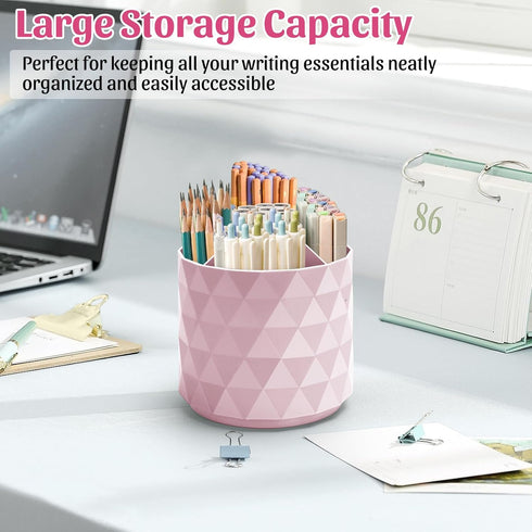 Sparkling Diamond-like Desk Organizer, 360° Rotating Pen Holder with 5 Compartments for Office, School, Home (Pink)