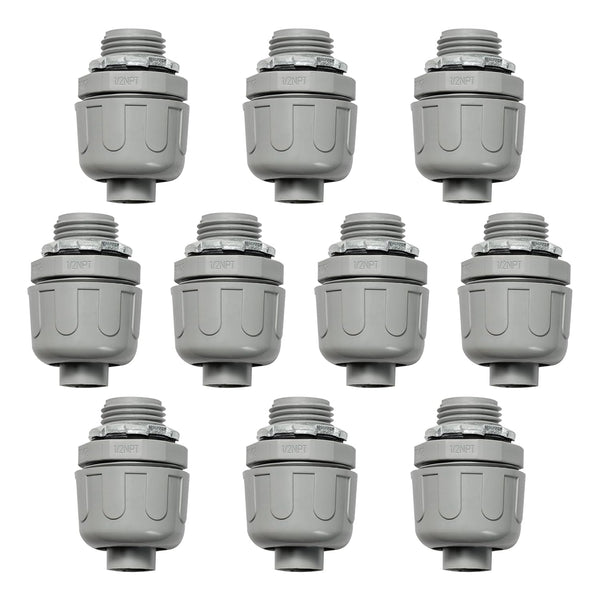 Conduit Connectors, 1/2 Inch Liquid Tight NPT Non-Metallic for PVC Electrical Flexible Conduit Fittings, 10-Pack