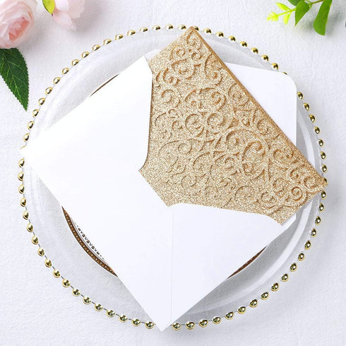 ponatia 20PCS Tri-Fold 5 x 7 Laser Cut Wedding Invitation Pockets, 5.12 x 7.2 (Gold Glitter, No Inner Sheet)