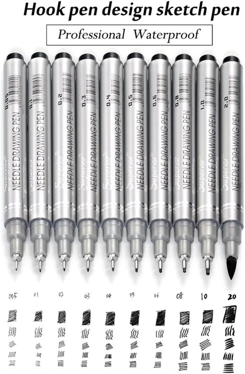 Set of 10 Black Micro-Pen Fineliner Ink Pens, Anti-Bleed & Waterproof for Artist Illustration & Technical Drawing