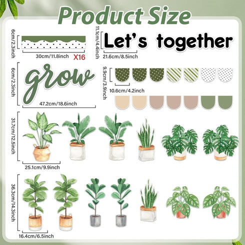 Greenery Classroom Bulletin Board Decorations - Potted Plant Set, Motivational Let’s Grow Green Leaves Cutouts for Wall