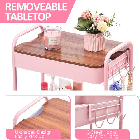 TOOLF Pink 3 Tier Rolling Cart, Metal Utility Cart with Wheels & Wooden Top, Organizer for Kitchen, Office, Bathroom