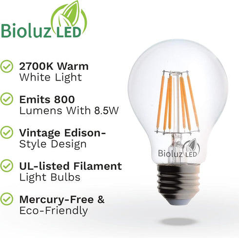 Bioluz LED 92 CRI E26 LED Bulb, 60 Watt Dimmable Edison Bulbs, Warm White Clear, UL Listed, 6-Pack