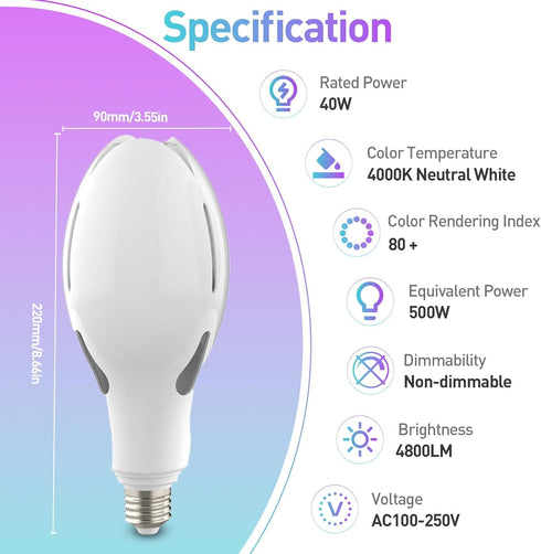 ORALUCE Super Bright LED Light Bulb 40W, ED90 E26 LED Bulb 500W Equivalent, 4000K Neutral White 4800LM, Garage Light Bulb Energy Saving Outdoor for Warehouse Street Yard Factory 1 Pack by ORALUCE