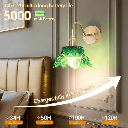 5000mAh Dimmable Vintage Battery Operated Wall Sconces, Rechargeable Wall Light, Wireless Green Flower Glass Lampshad