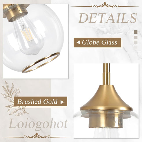 Shade,6.29" 1Light Pendant Lights Kitchen Island,Farmhouse Gold Pendant Light with Clear Glass Globe Glass Pendant