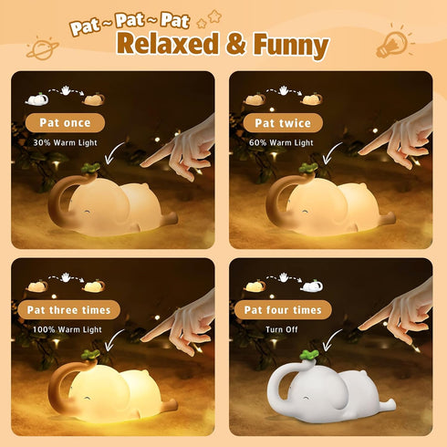 3-Level Dimmable Silicone Elephant Night Light for Kids - & Rechargeable LED Lamp, Touch Control Soft Animal Light