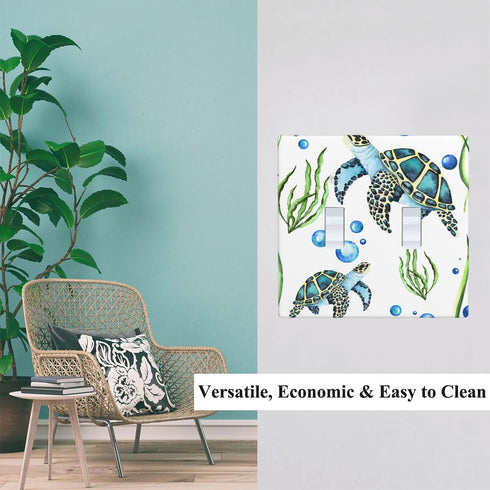 Sea Turtle 2-Gang Light Switch Cover Plate - Underwater Ocean Turtle Green Seaweed Blue Water Bubbles Nautical Decor