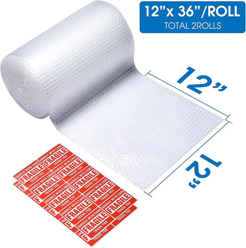 Sumono Bubble Cushioning Wrap Roll, 12 Inch x 36 Feet Perforated Bubble Roll with 10 Fragile Sticker Labels