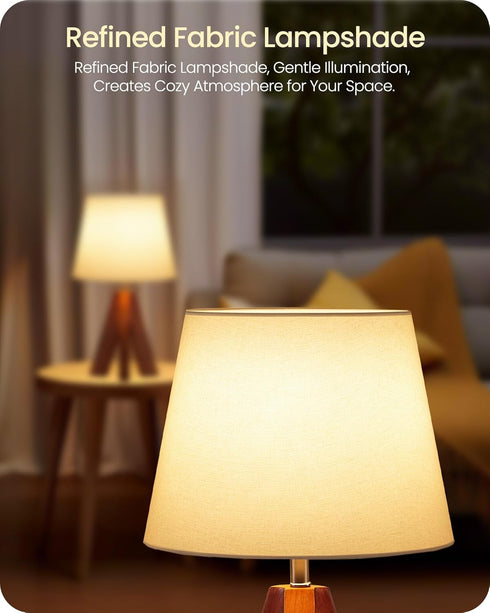 Set 2, LW51TLP205 Small Tripod Table Lamps of Modern Nightstand Lamp with Fabric Shade, Boho Bedside Wood Desk Light