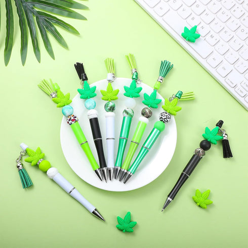 Teling 12 Pcs Beadable Pens Plastic Black Ink Ballpoint Pen with Assorted Spacer Beads Silicone Beads and Tassels and 12 Pcs Lobster Clasps for Office School DIY (Leaves) by Teling