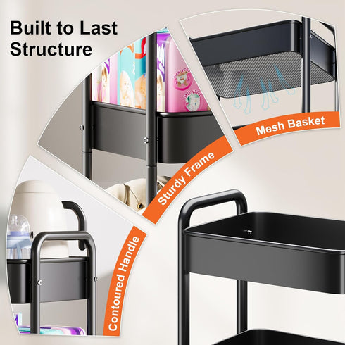 WBKATN 3 Tier Rolling Cart Metal, Black Carts with Lockable Wheels, Three Tiered Utility Trolley on Wheels, Sturdy Art