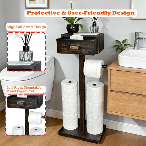 TEGUEPS Freestanding Bathroom Toilet Paper Holder Stand with Shelf, Bamboo Toilet Paper Roll Holder with Wet Wipes