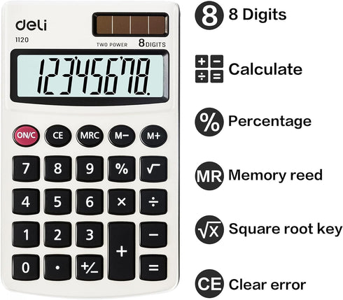 Deli Standard Function Basic Calculator, Solar Battery Dual Power Office Calculator with Cover, Metal Panel, 2 Pack