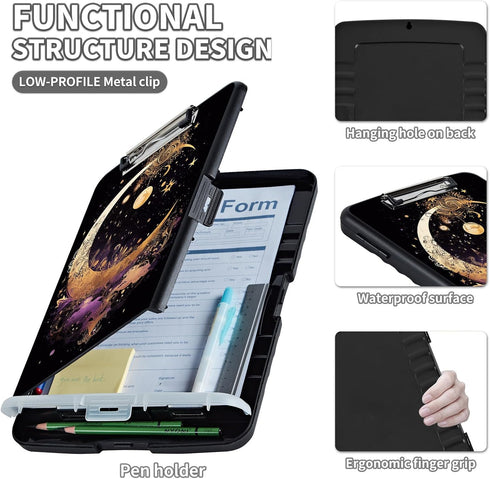 Clipboard with Storage & Pen Holder, 8.5X11 Heavy Duty Plastic Clipboards, Foldable Coaches Folder Case, Gold Moon Star