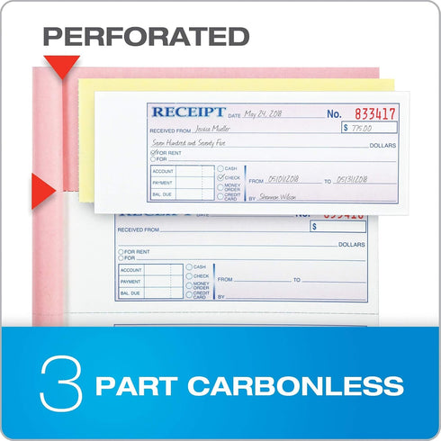 Adams 3-Part, 7-5/8" 10-7/8", 100 Sets 4 (TC1182) Money and Rent Receipt Book, Carbonless, White/Canary/Pink, x Bound
