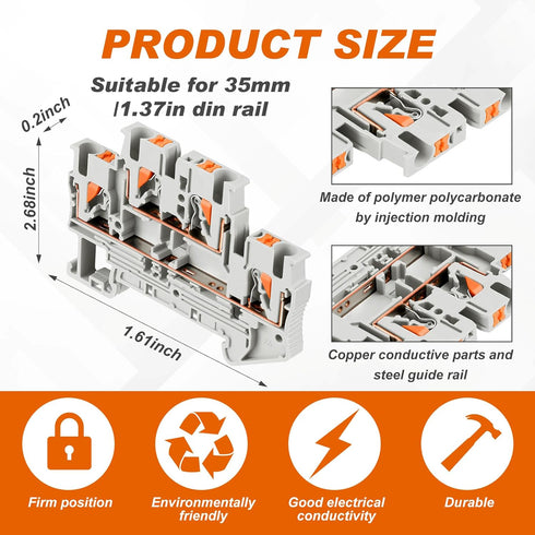 DIN Rail Terminal Block Twin Spring Terminal Connectors Push in Type PT Screwless Wiring Connector with 10 Covers and 6