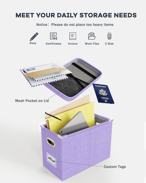 Oterri File Organizer Box with Lid, Hanging Filing Box with Mesh Pocket, Document Organizer for Letter Files, Lavender