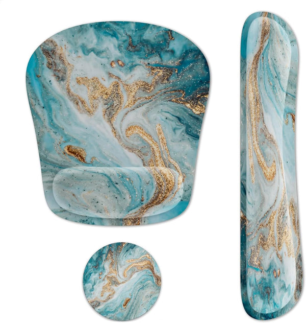 Keyboard Wrist Rest Ergonomic Mouse Pad Set, Memory Foam with Non-Slip Rubber Base for Home Office, Light Blue Marble