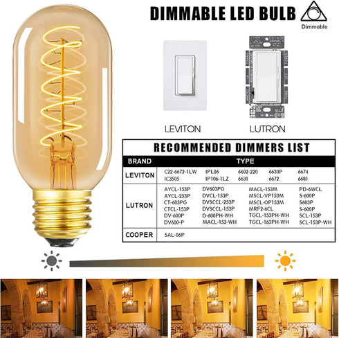 Vintage T14 LED Spiral Filament Bulb, 4W Equivalent E26 40 Watt Warm White 2200K Dimmable AC120V 400LM