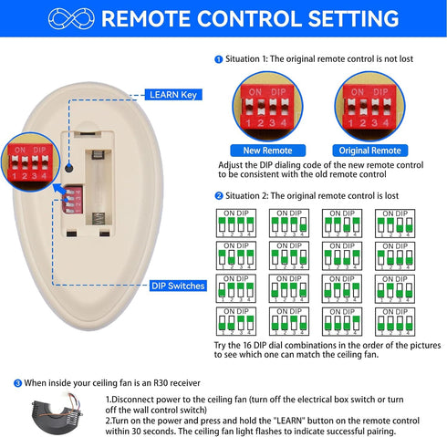 FEKOTS 35T1 303.9MHz, 3-Speed, Dimmer, FAN-11T FAN-53T L3HFAN35T FAN-35T L3HFAN35T1 FAN-35T1 Ceiling Fan Remote Control