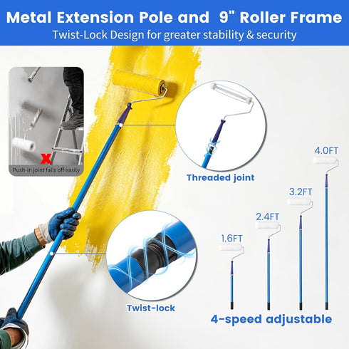 spicyorange 37 9-Inch 4-Inch Paint Roller Kit with Long Paint Roller Extension Pole, PCS Wall Painting Supplies