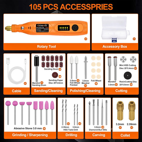 GOXAWEE Mini Cordless Rotary Tool Kit, 105pcs Accessories, USB Charging 5-Speed 18000rpm Tool for DIY Crafting