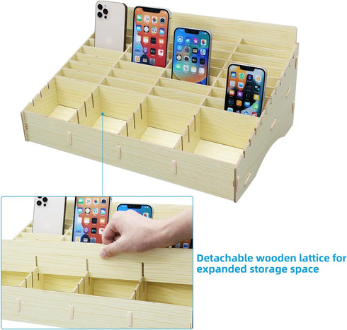 HengTianMei HTM 48 Grid Wooden Cell Phone Holder, Desktop Organizer Storage Box for Classroom Office
