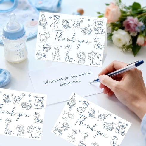 Oaken Leaford 48-Pack Set Baby Shower Thank You Card with Envelopes & Stickers, Cute Blue Cartoon Design Blank Note