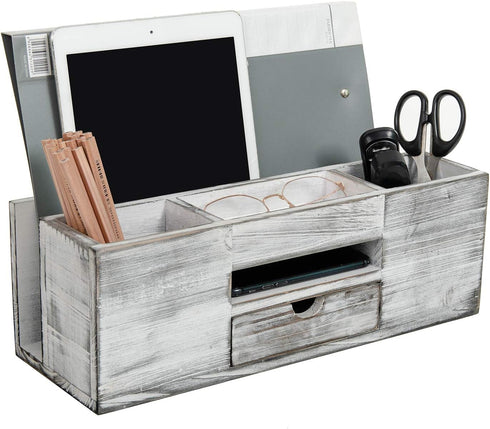 Liry Products Whitewashed Wooden Desktop Organizer | Multiple Compartments Rack Shelf for Office Supplies