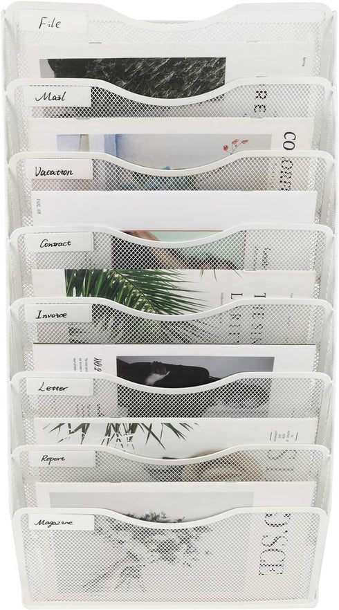 EasyPAG Office 8 Pocket Wall File Folder Holder, Hanging Organizer for Magazine Document Paper Rack, White.