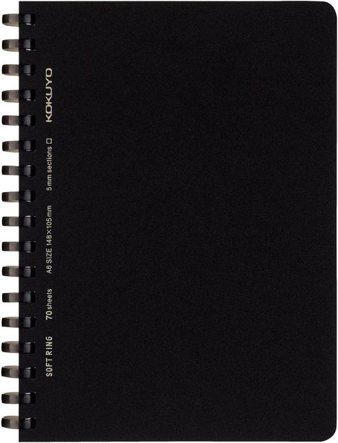 KOKUYO D Shaped Soft Ring Notebook, 5mm Grid Ruled, 70 Sheets, A6, Black, Japan Import