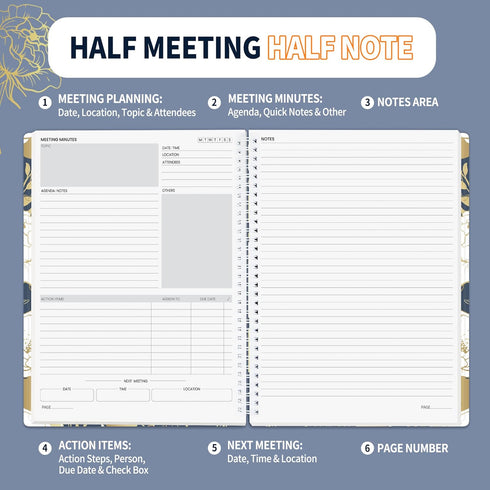 SUNEE Half Meeting Half Note - 8.5"x11" Professional Notebooks for Work - 160 Pages, A4 Size Project Planner, Spiral Meeting Agenda/Minutes Organizer for Women Men, Note Taking, Office & Business by SUNEE