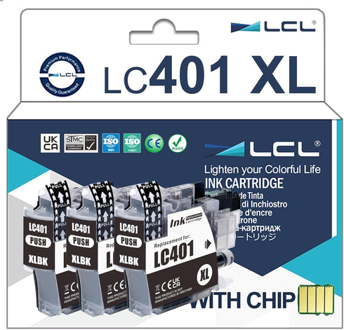 LCL Compatible Ink Cartridge Replacement - Brother LC401 LC401XL LC401BK LC401XLBK High Yield (3-Pack Black)