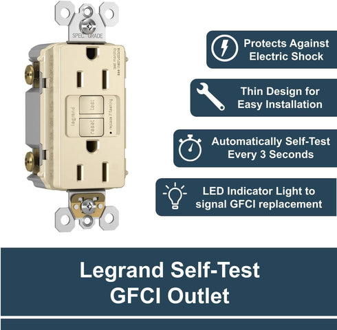 Legrand radiant 1597LACCD12 15 Amp GFCI Self Test Decorator Duplex Outlet, Light Almond (1 Count)