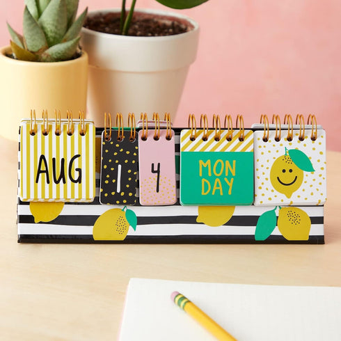 Lemon Perpetual Flip Calendar for Office Desktop, Classroom Supplies, Desk Calendar with Day, Date, Month Display (8 x