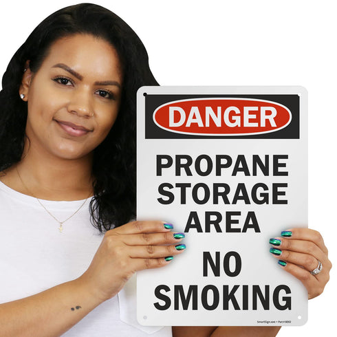 SmartSign U9-2344-NA_10x14 "Danger - Propane Storage Area, No Smoking" Sign | 10" x 14" Aluminum Black/Red on White