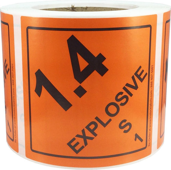 Hazard Class 1 D.O.T. Explosives 1.4S Hazmat Labels, 4x4 Inch Square, 500 Adhesive Labels