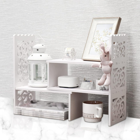 MASAKA B&W Desktop Organizers with Shelves, Adjustable WPC Display Shelf for Office Desk, Makeup Shelf, White