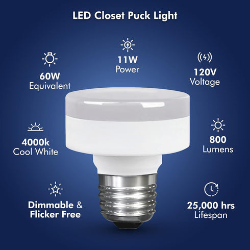 Xtricity LED Closet Puck Light Bulb, Dimmable, Flat Light Bulb, 11W (60W Replacement), 800 Lumens, 4000K Cool White, 1